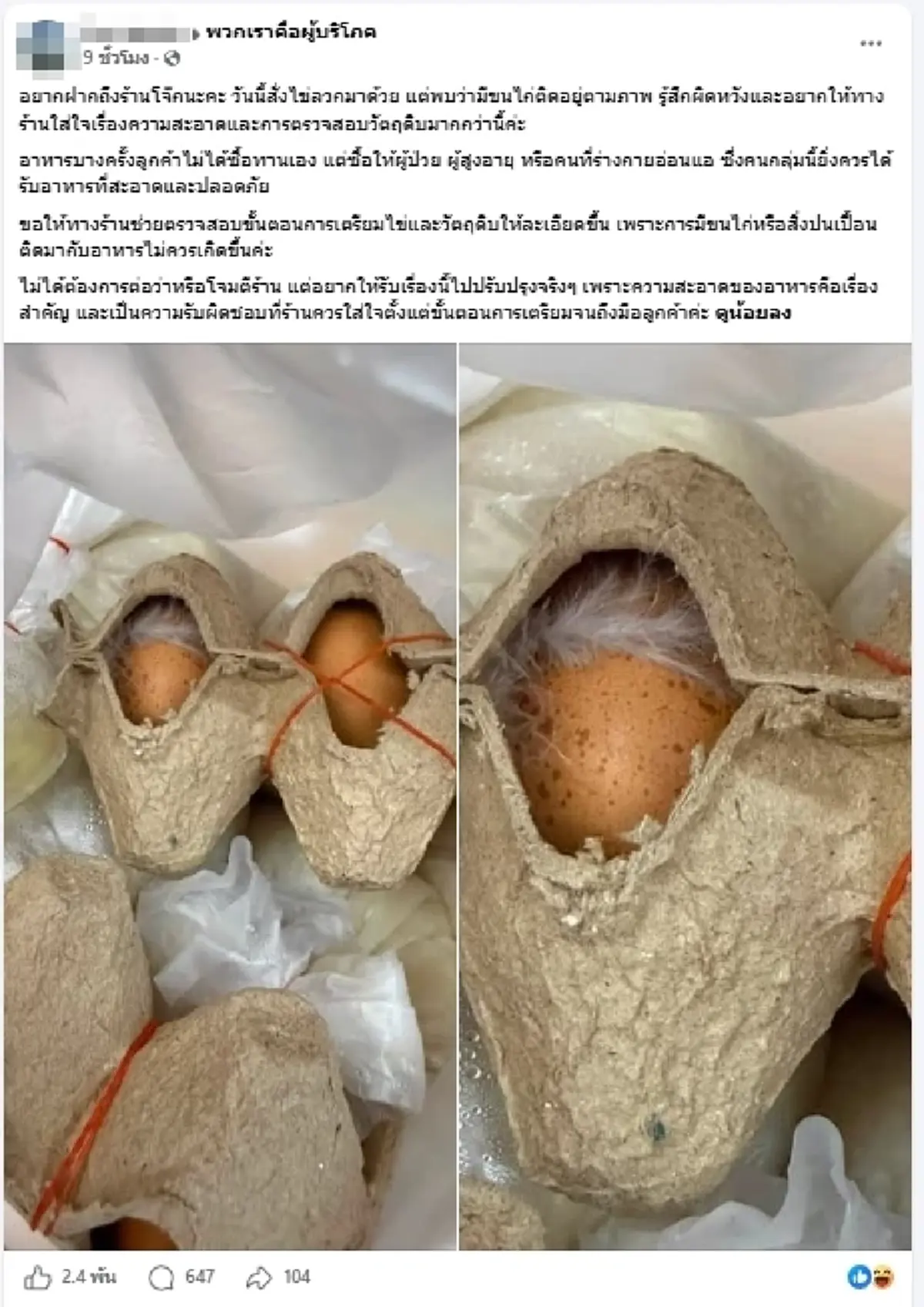ทัวร์ลงสนั่น ลูกค้าเจอขนไก่ในไข่ลวก เพจดังชี้สิ่งสำคัญน่ากังวล