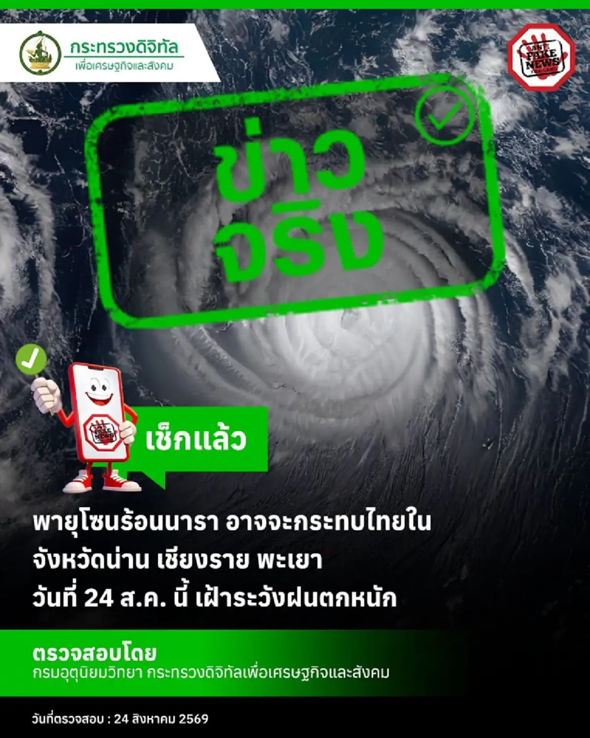 กรมอุตุฯ ยืนยันข่าวจริง"พายุโซนร้อนนาร์รา" อาจกระทบไทย น่าน เชียงราย พะเยา