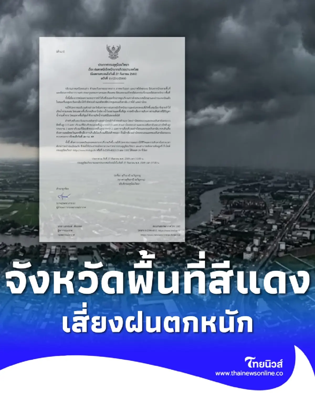 เปิดพื้นที่สีแดง อุตุฯ เตือน ฉ.15 ฝนตกหนักถึงหนักมากถึง 27 ก.ย. นี้