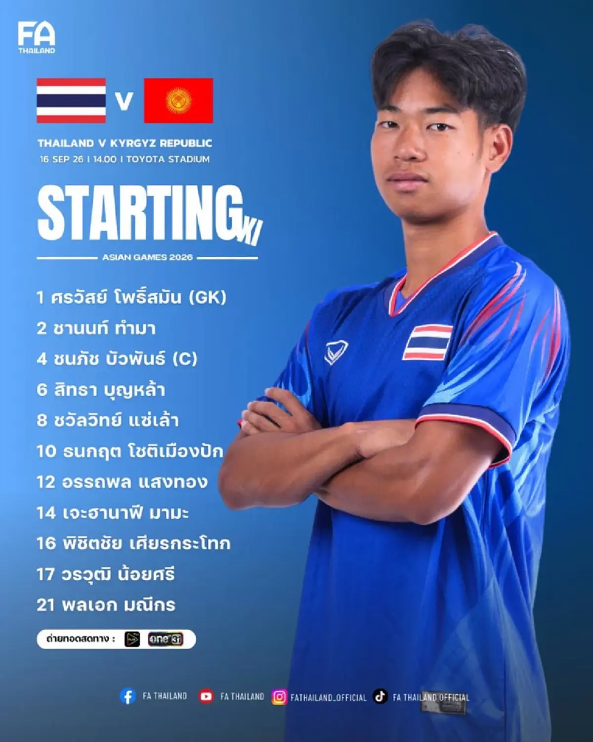"ดูบอลสด" ไทย vs คีร์กีซสถาน บอลไทยถ่ายช่องไหน ดูบอลไทยสดฟรี