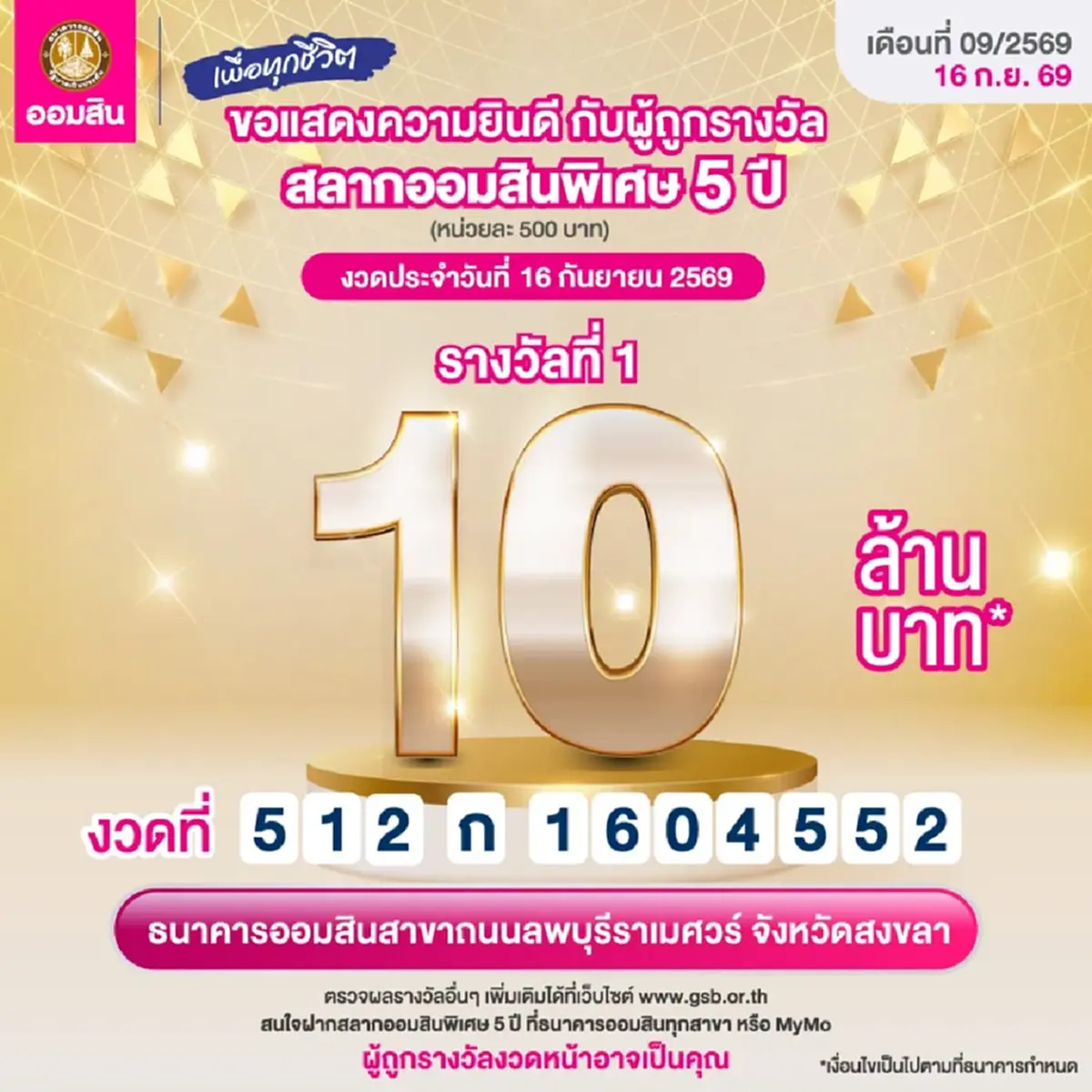 สลากออมสิน แตก 10 ล้าน ยินดีเศรษฐีใหม่ รับทรัพย์ก้อนใหญ่