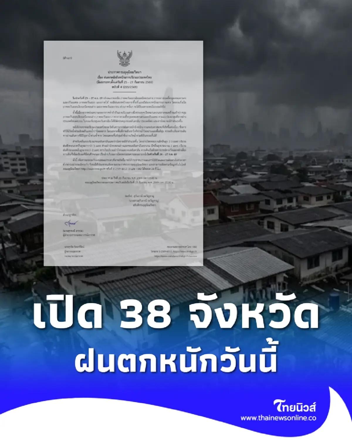 ประกาศ ฉ.4 ฝนตกหนักถึงหนักมาก 23-27 ก.ย. เช็ก 38 จังหวัด ฝนถล่มวันแรก