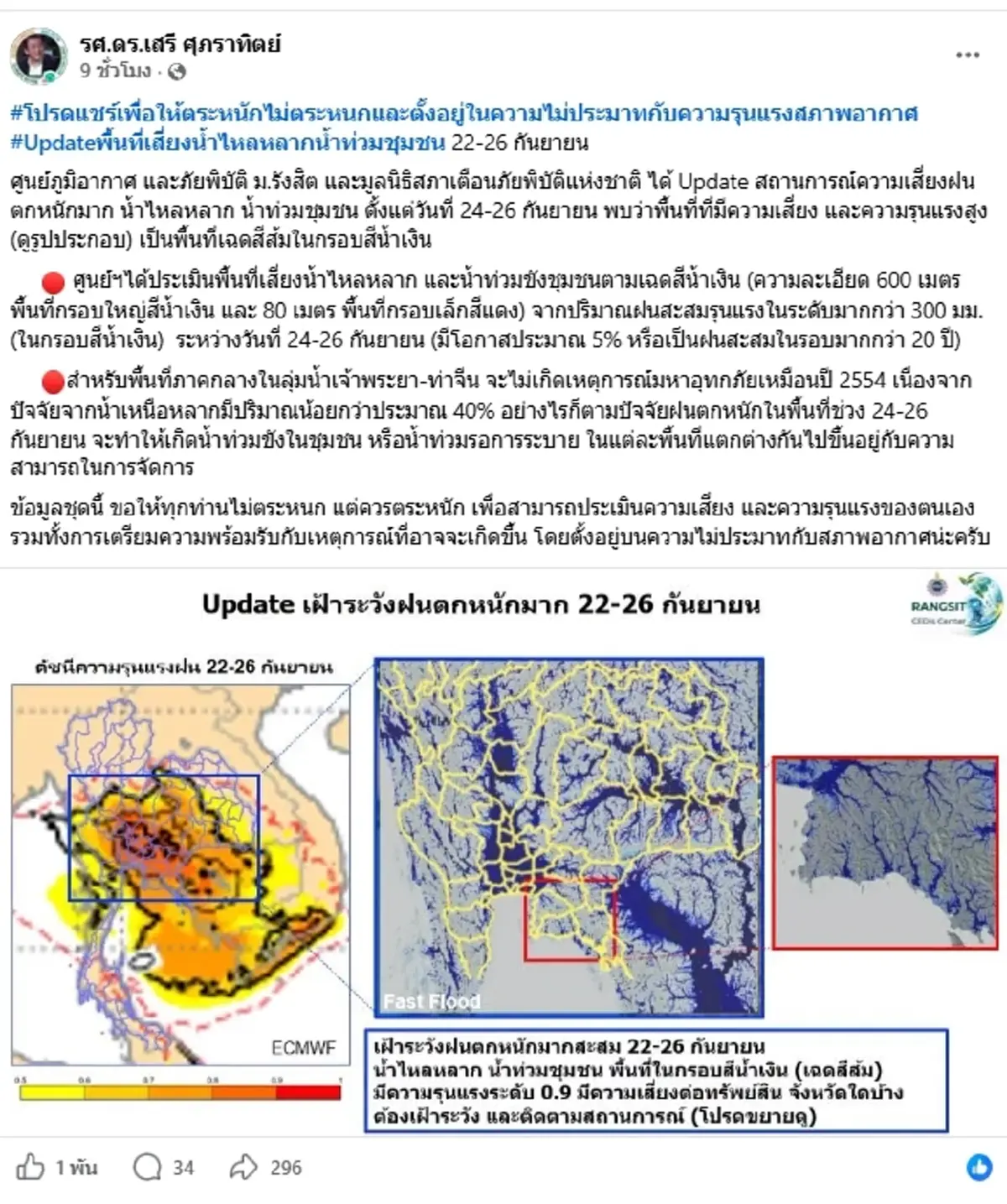 "รศ.ดร.เสรี" เตือน 24-26 ก.ย. ฝนหนักมาก เปิดพื้นที่เสี่ยงน้ำท่วม