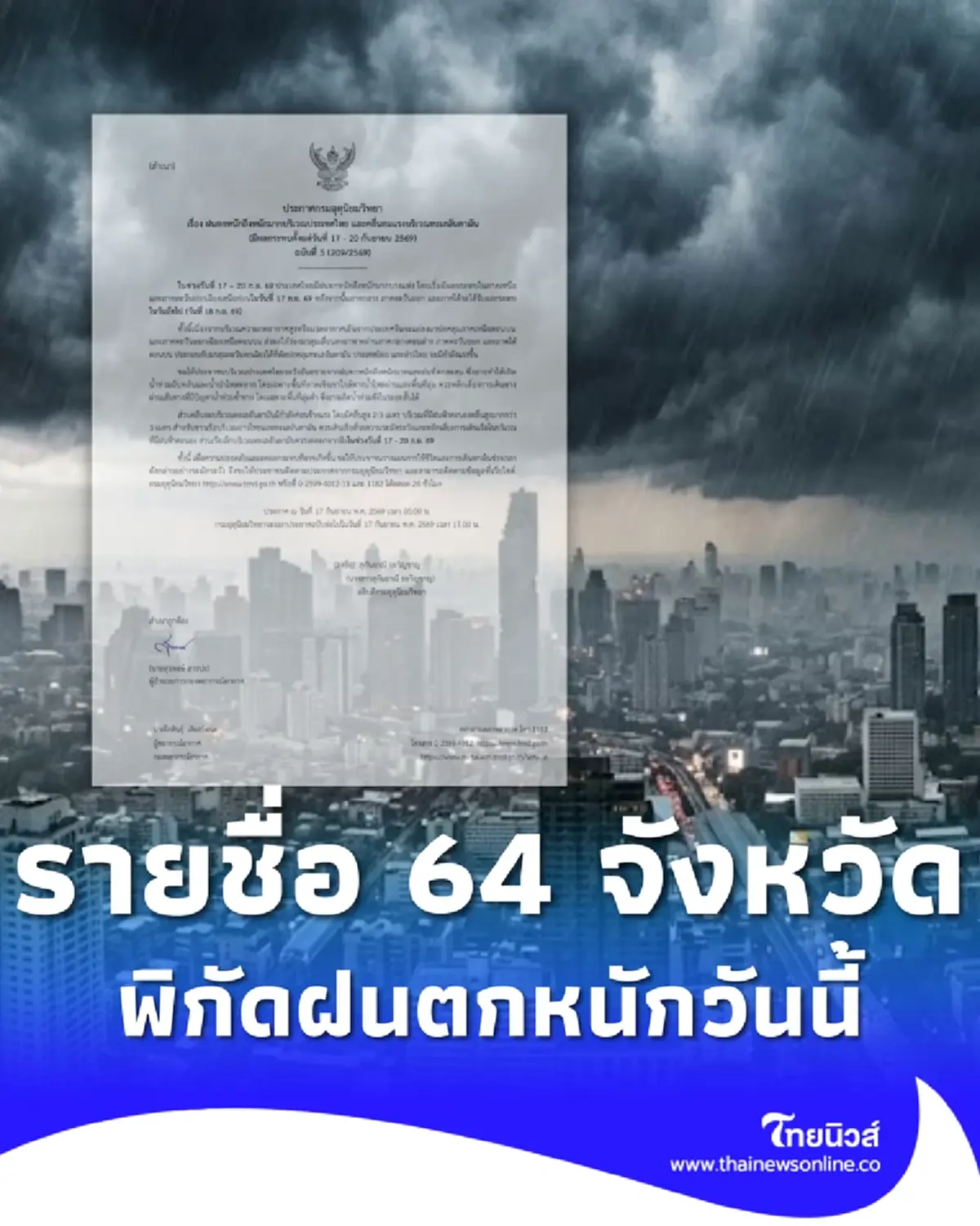 ประกาศ ฉ.5 ฝนตกหนักถึงหนักมาก 17 - 20 ก.ย. เช็ก 64 จังหวัด ฝนถล่มวันแรก