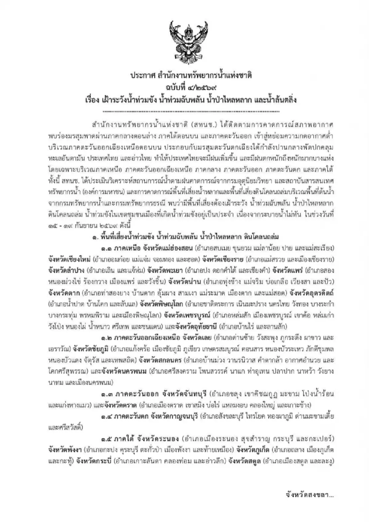 สทนช. เตือน 28 จังหวัด ระวังน้ำท่วมฉับพลัน น้ำป่าไหลหลาก 15 ถึง 19 ก.ย.