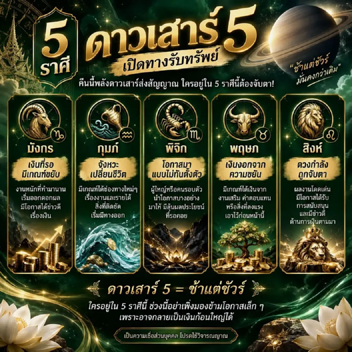 5 ราศี! ดาวเสาร์ 5 เปิดรับทรัพย์ เปลี่ยนชีวิต เงินที่รอมีเกณฑ์ขยับ