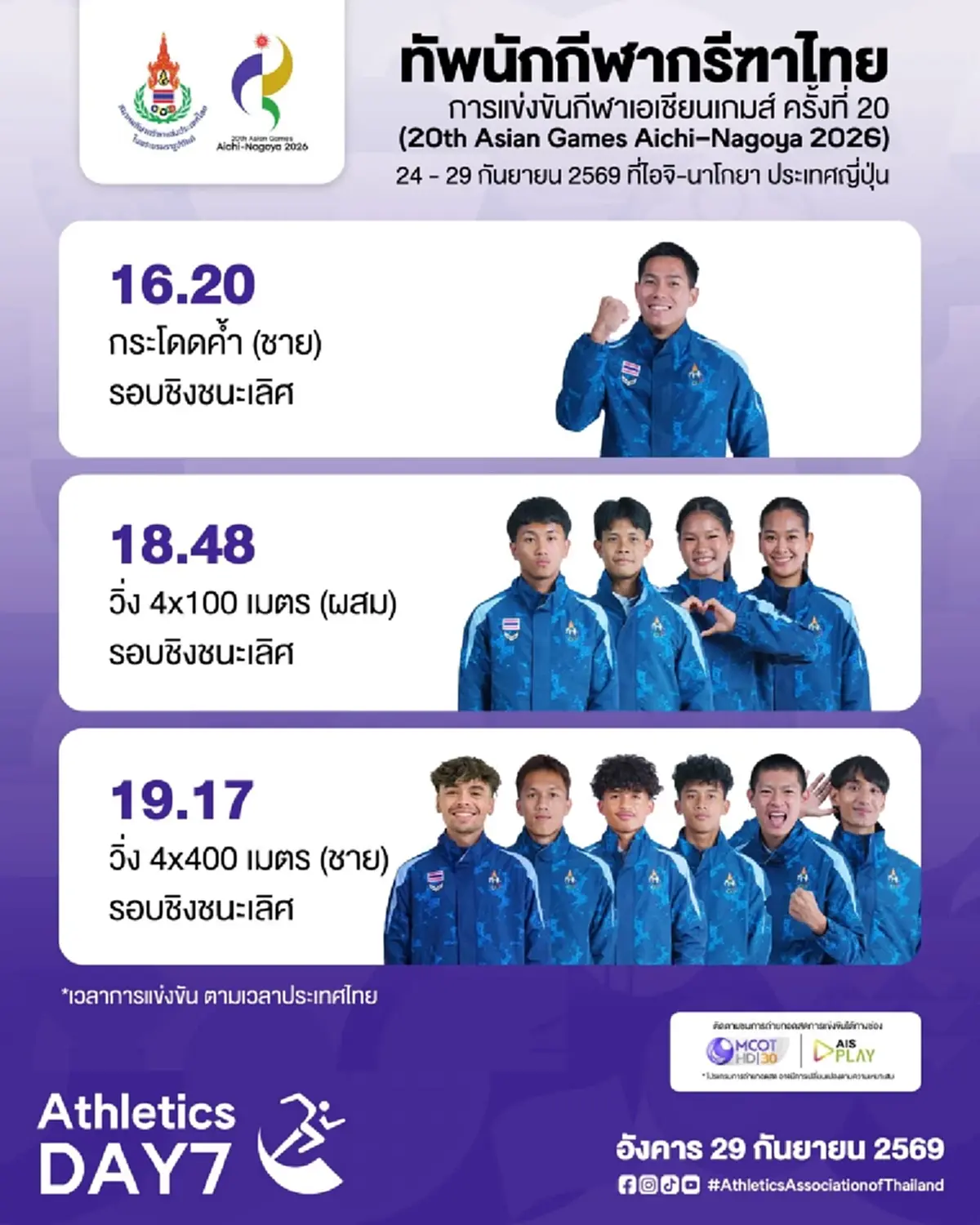 โปรแกรมกรีฑาเอเชียนเกมส์ 2026 นักวิ่งไทยชิงเหรียญทองวันสุดท้าย