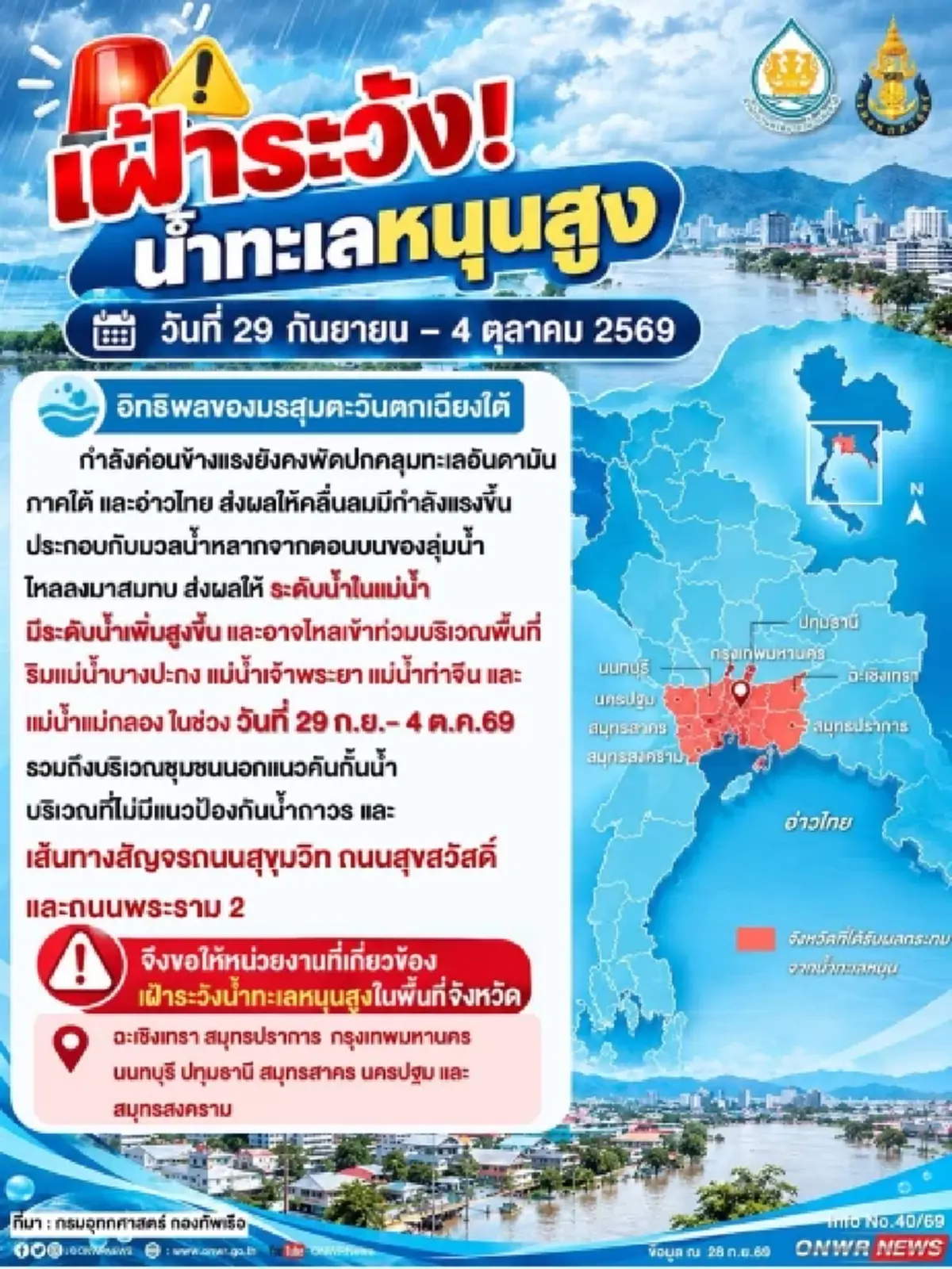 สทนช.เตือน 8 จังหวัด เฝ้าระวังน้ำทะเลหนุนสูง 29 ก.ย.-4 ต.ค. 69