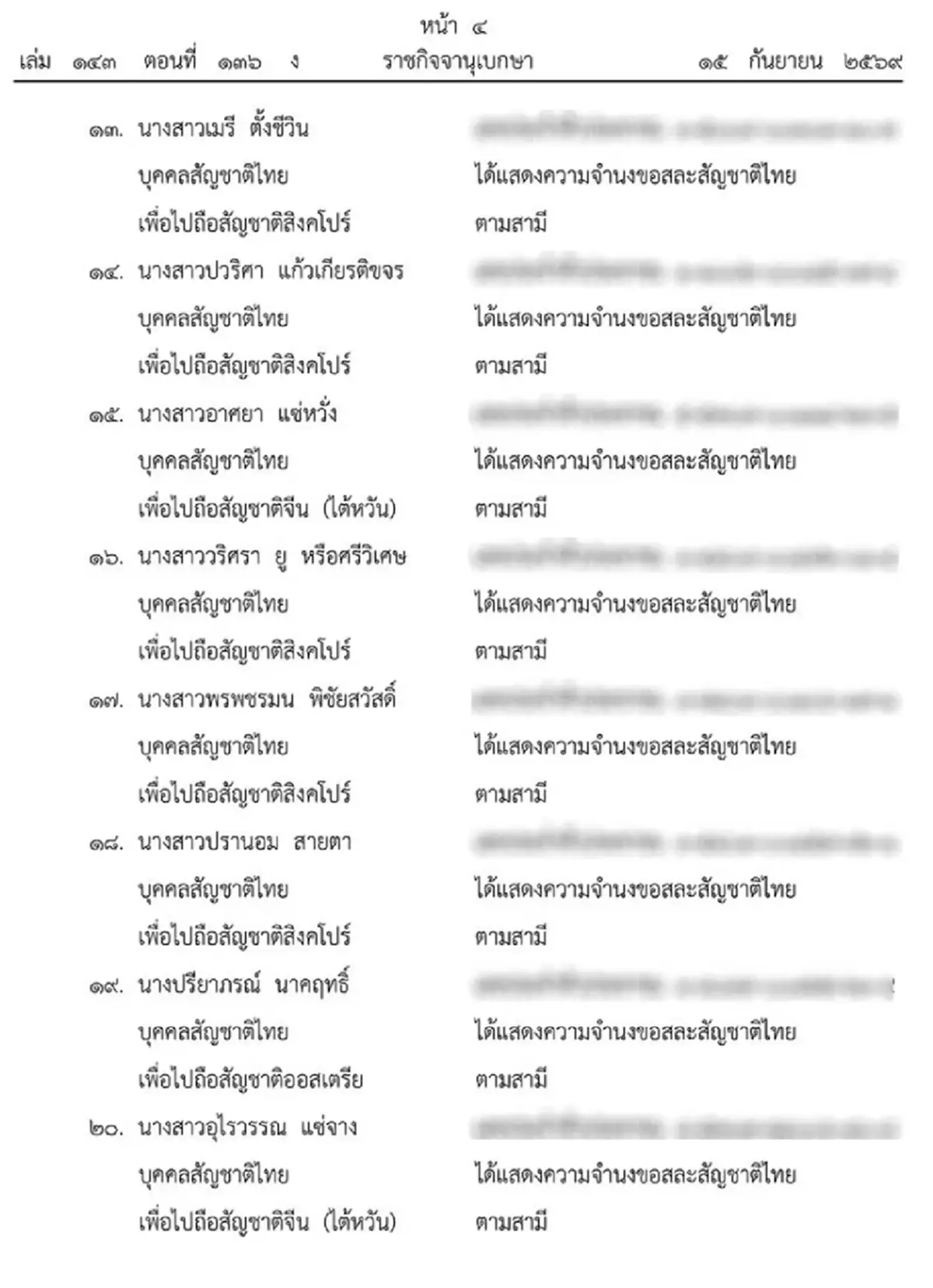 ราชกิจจานุเบกษา เผยแพร่ประกาศ มท. ให้คนไทย 37 ราย สละสัญชาติไทย