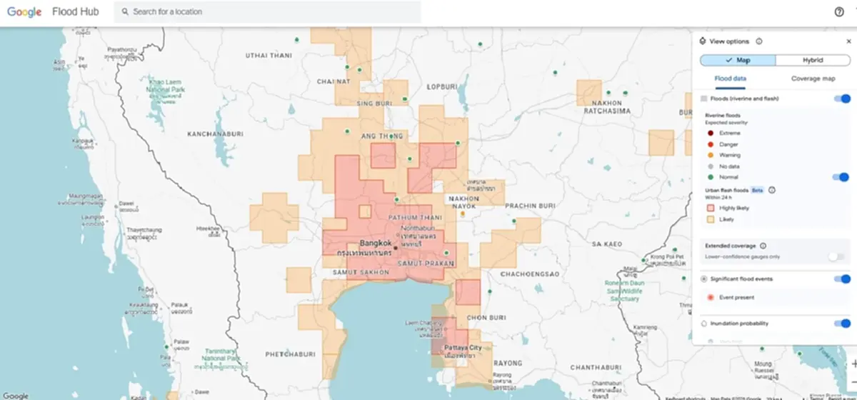 Google Flood Hub วิเคราะห์ข้อมูล จังหวัดพื้นที่สีแดง เสี่ยงน้ำท่วมฉับพลัน