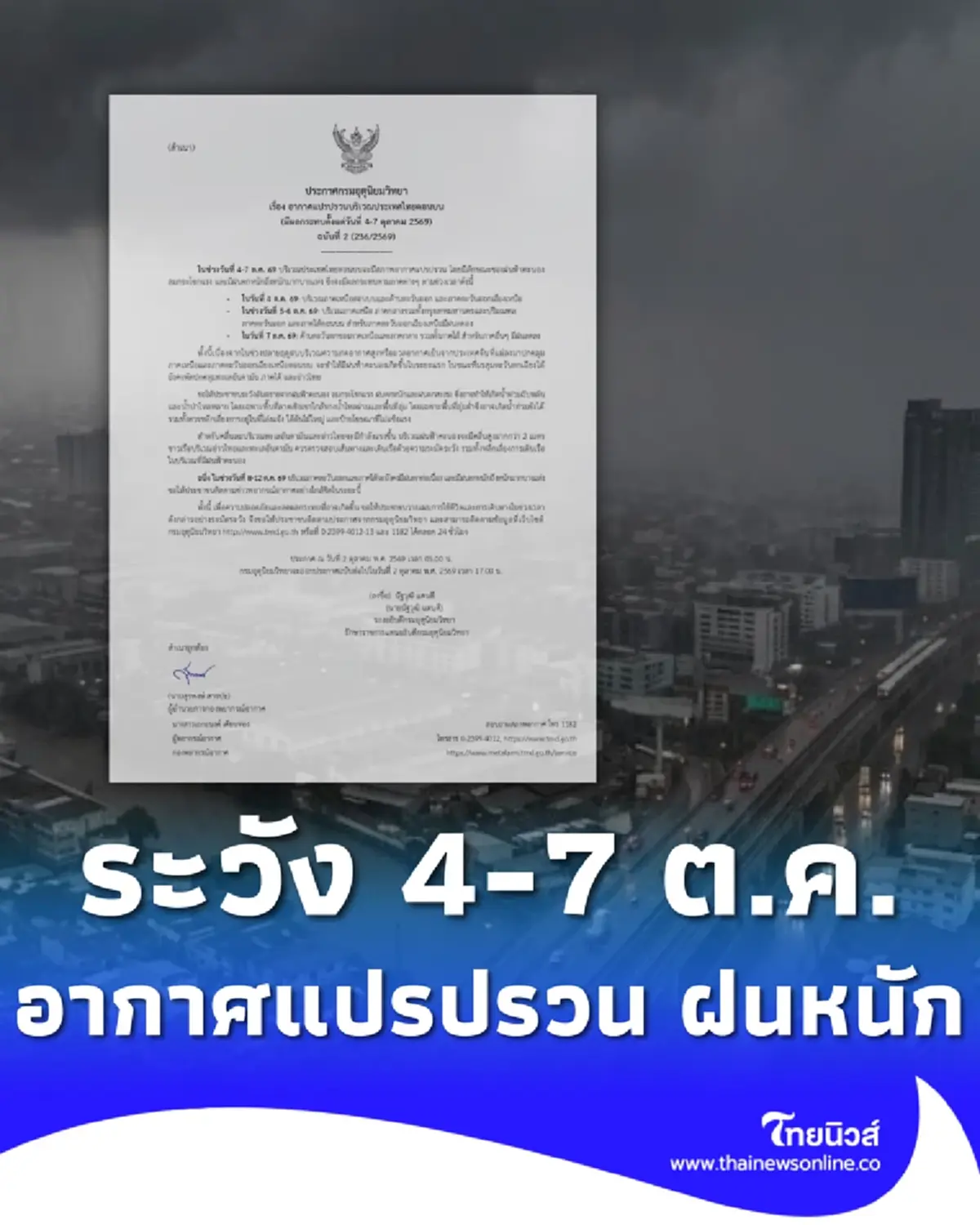 ประกาศ ฉ.2 เตือนอากาศแปรปรวน 4-7 ต.ค. เช็กชื่อจังหวัดฝนตกหนักมาก