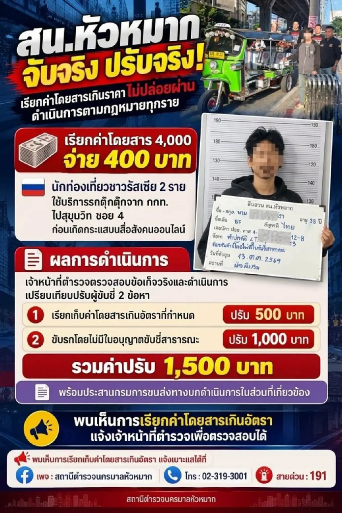 อ่วม 2 ข้อหา ปรับ 1500 ตุ๊กตุ๊ก โขกค่ารถ 4,000 นักท่องเที่ยวรัสเซีย
