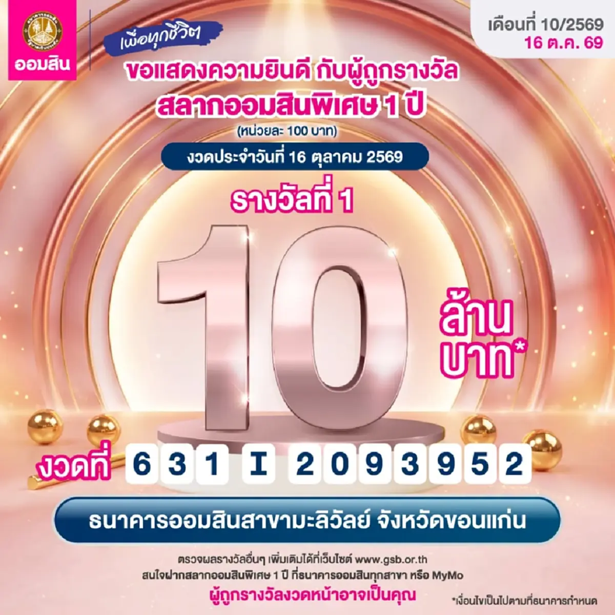 สลากออมสิน แตก 10 ล้าน ยินดีเศรษฐีใหม่ รับทรัพย์ก้อนใหญ่