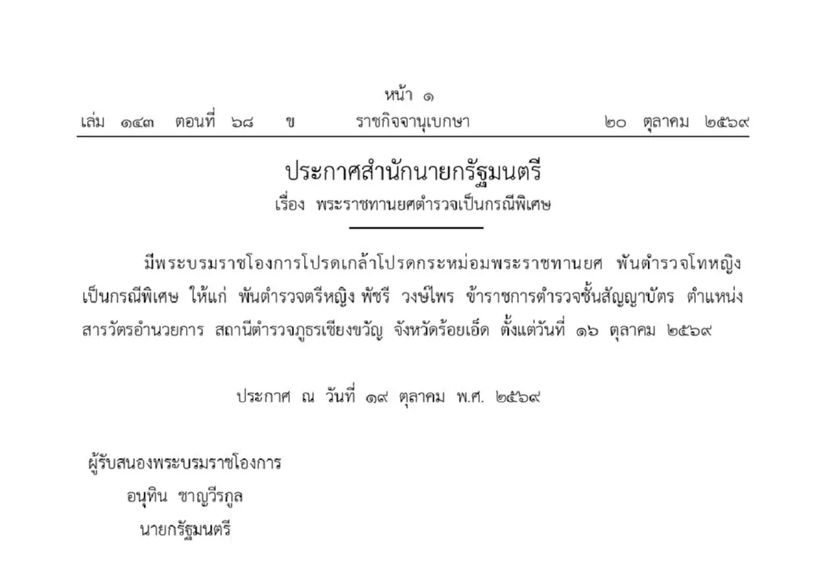 โปรดเกล้าฯ พระราชทานยศ พ.ต.ท.หญิง พัชรี วงษ์ไพร สารวัตร สภ.เชียงขวัญ ร้อยเอ็ด