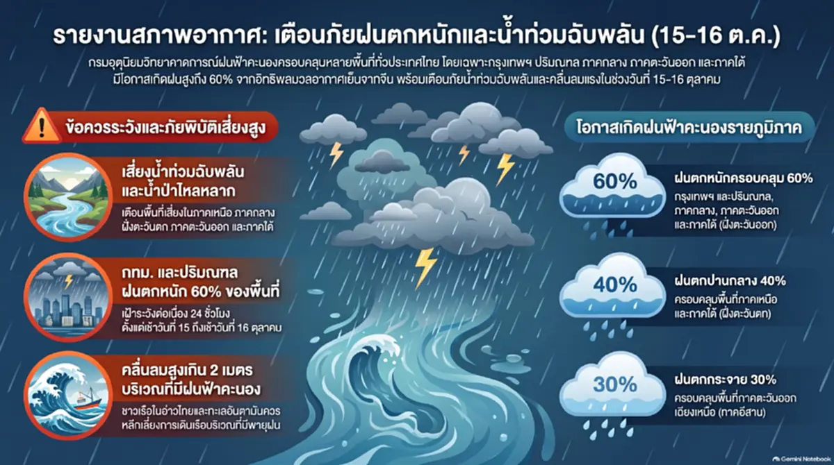 กรมอุตุฯ เตือน กทม.-ปริมณฑล รับมือฝนตกหนัก ช่วง 15-16 ต.ค.