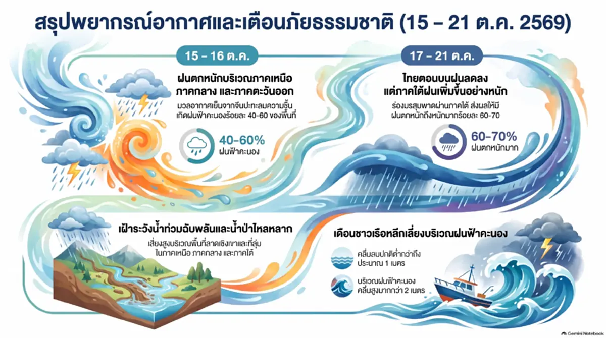 เช็กด่วน! พยากรณ์อากาศ 15-21 ต.ค. 69 เตือนฝนตกหนักถล่ม!