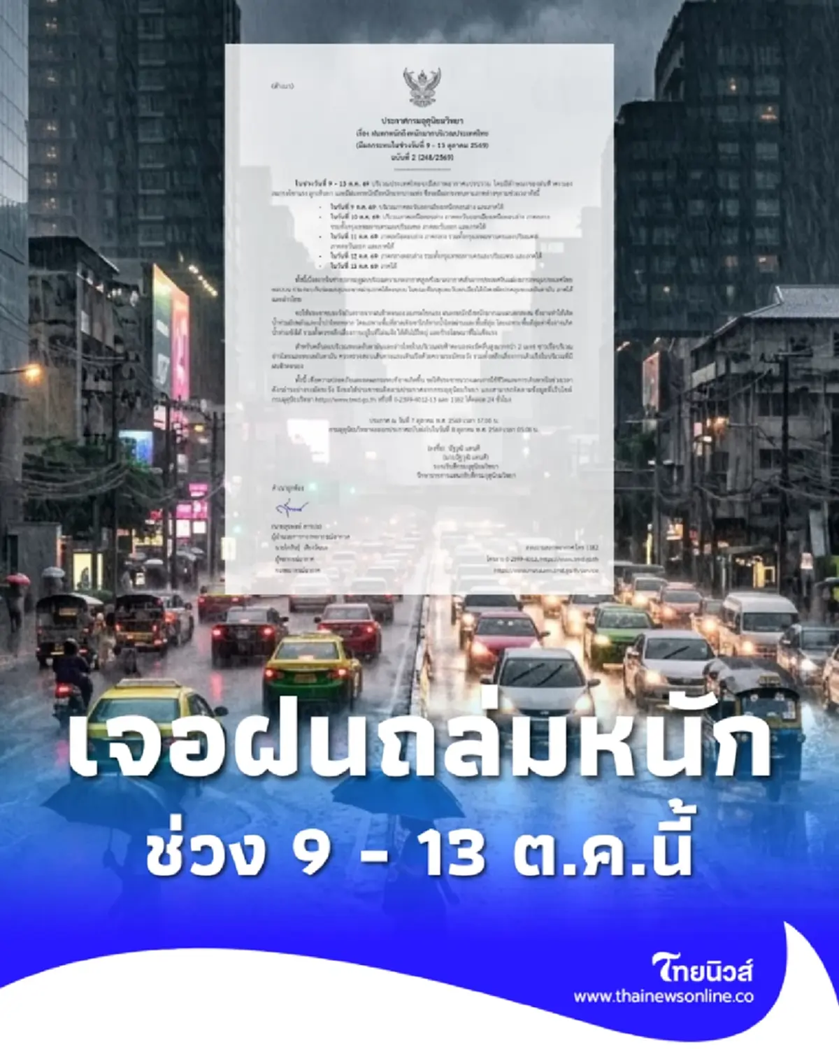 เปิดพื้นที่สีแดง เตือน ฉ.2 ฝนตกหนักถึงหนักมาก ช่วง 9 ถึง 13 ต.ค.นี้