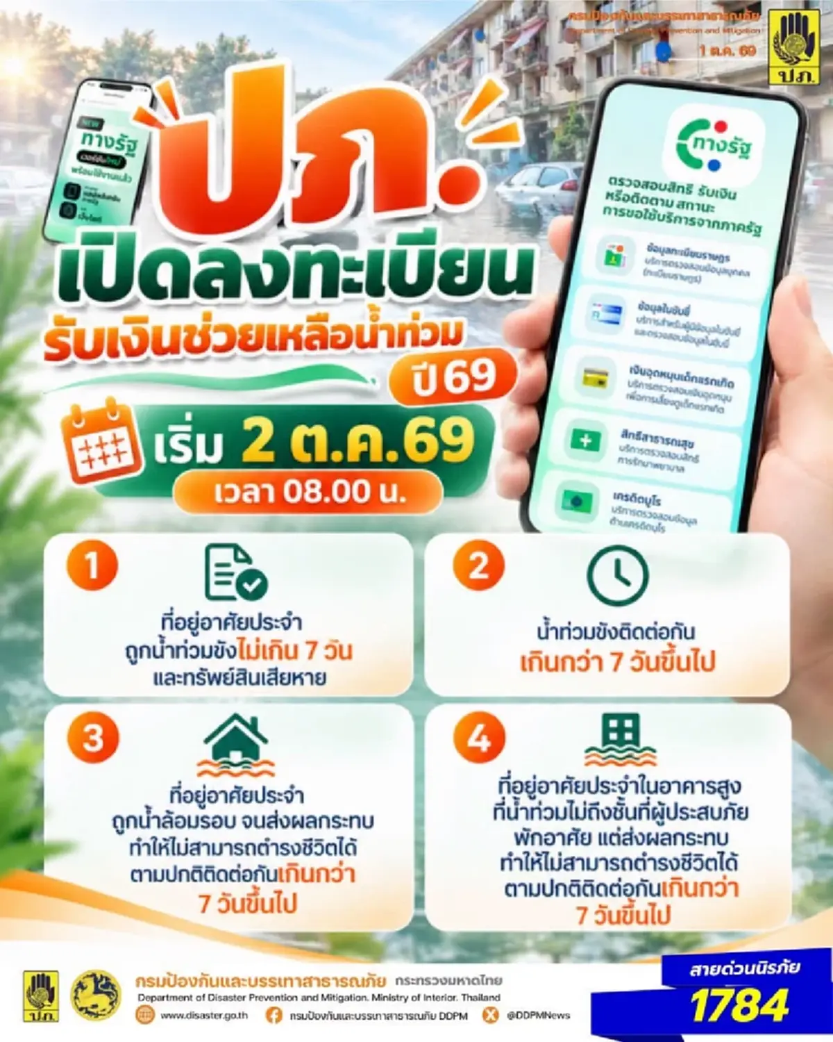 ลงทะเบียนเยียวยาน้ำท่วม ผ่านแอป"ทางรัฐ" เริ่ม 2 ต.ค. นี้