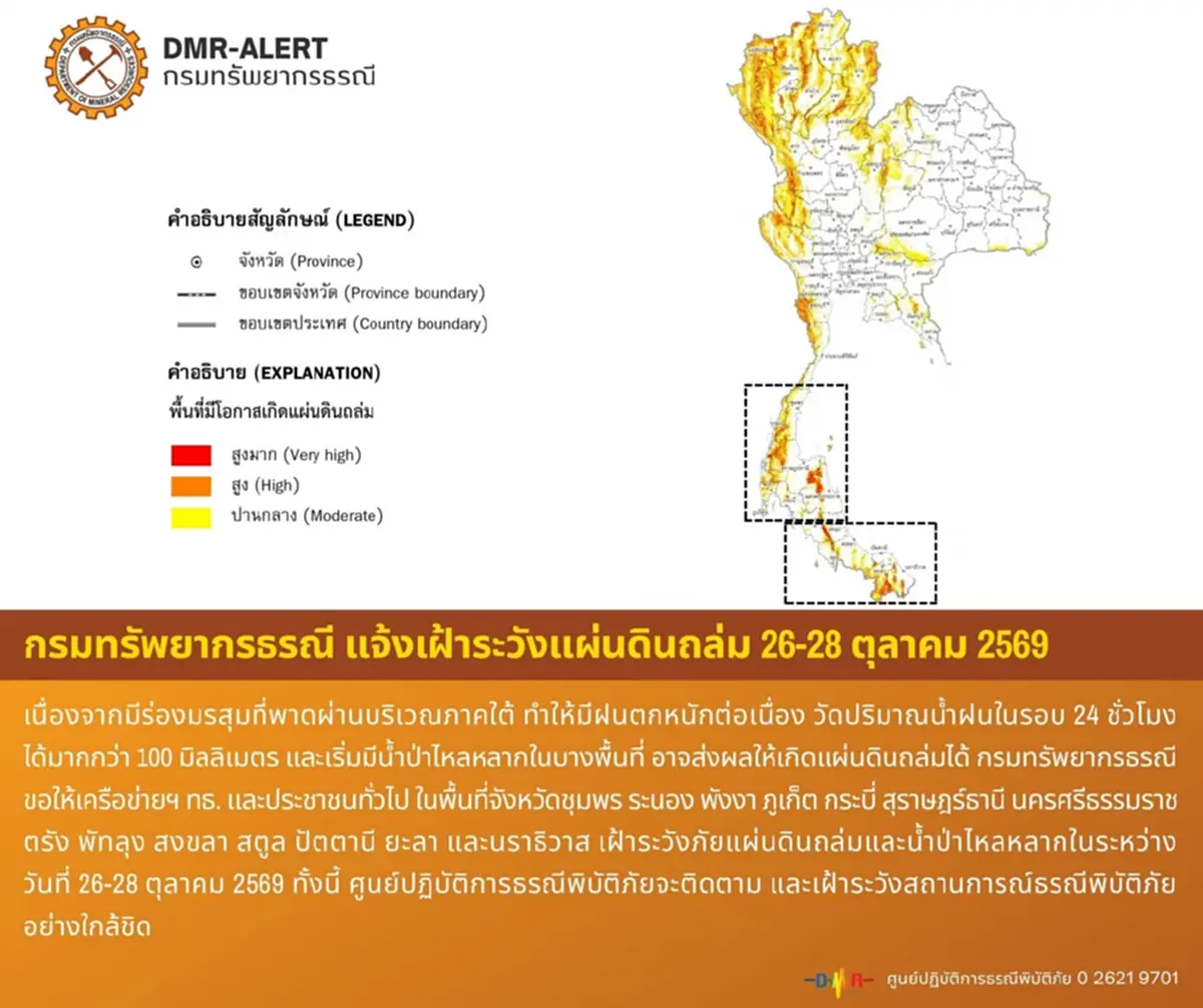 เปิด 14 จว.ภาคใต้ เตือนเฝ้าระวังดินถล่ม น้ำป่าไหลหลาก อำเภอไหนบ้าง