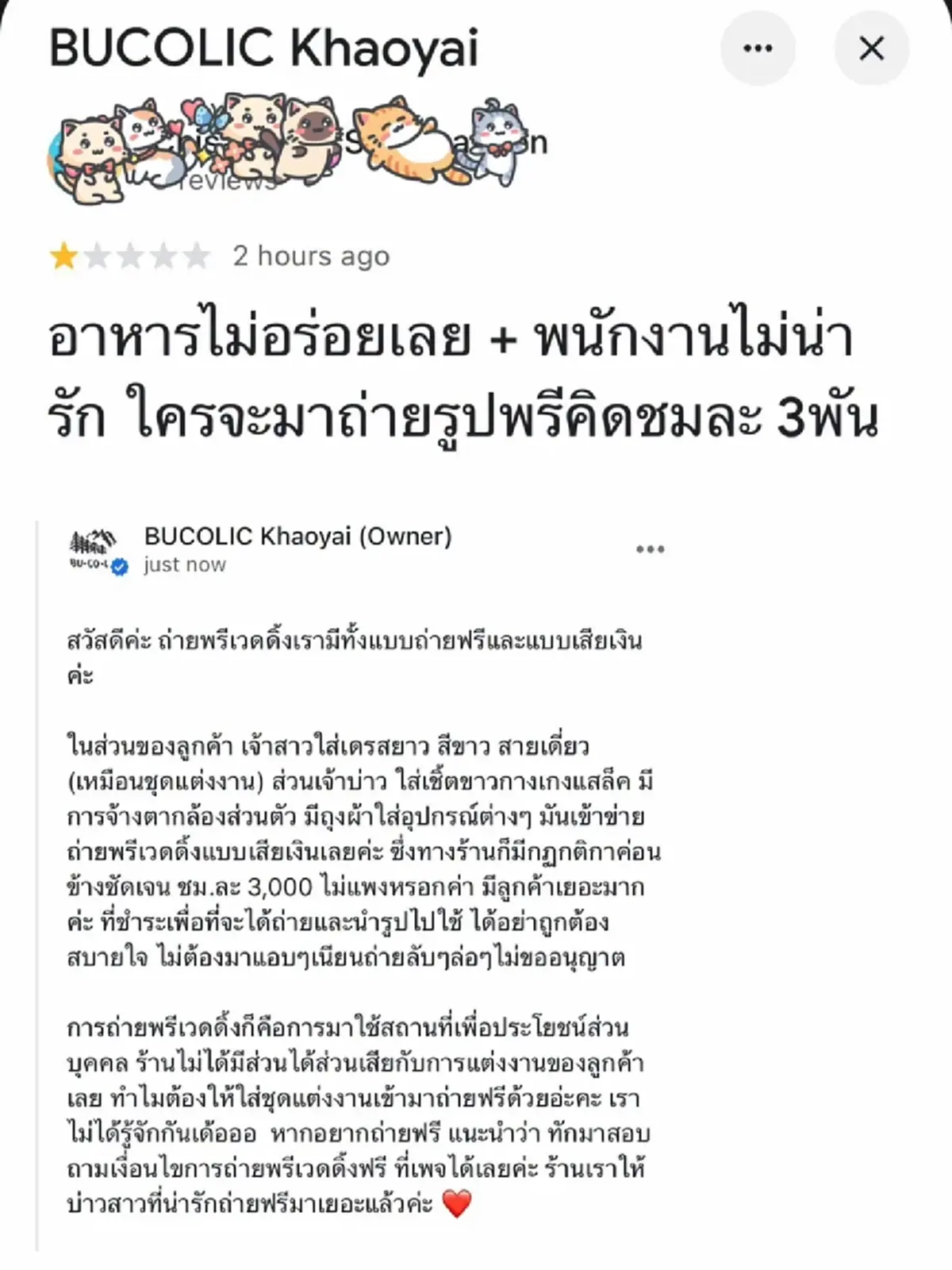 สาวรีวิว 1 ดาว คาเฟ่ดังเขาใหญ่ เจอร้านสวนกลับจุก แฉแชทมีสะดุ้ง