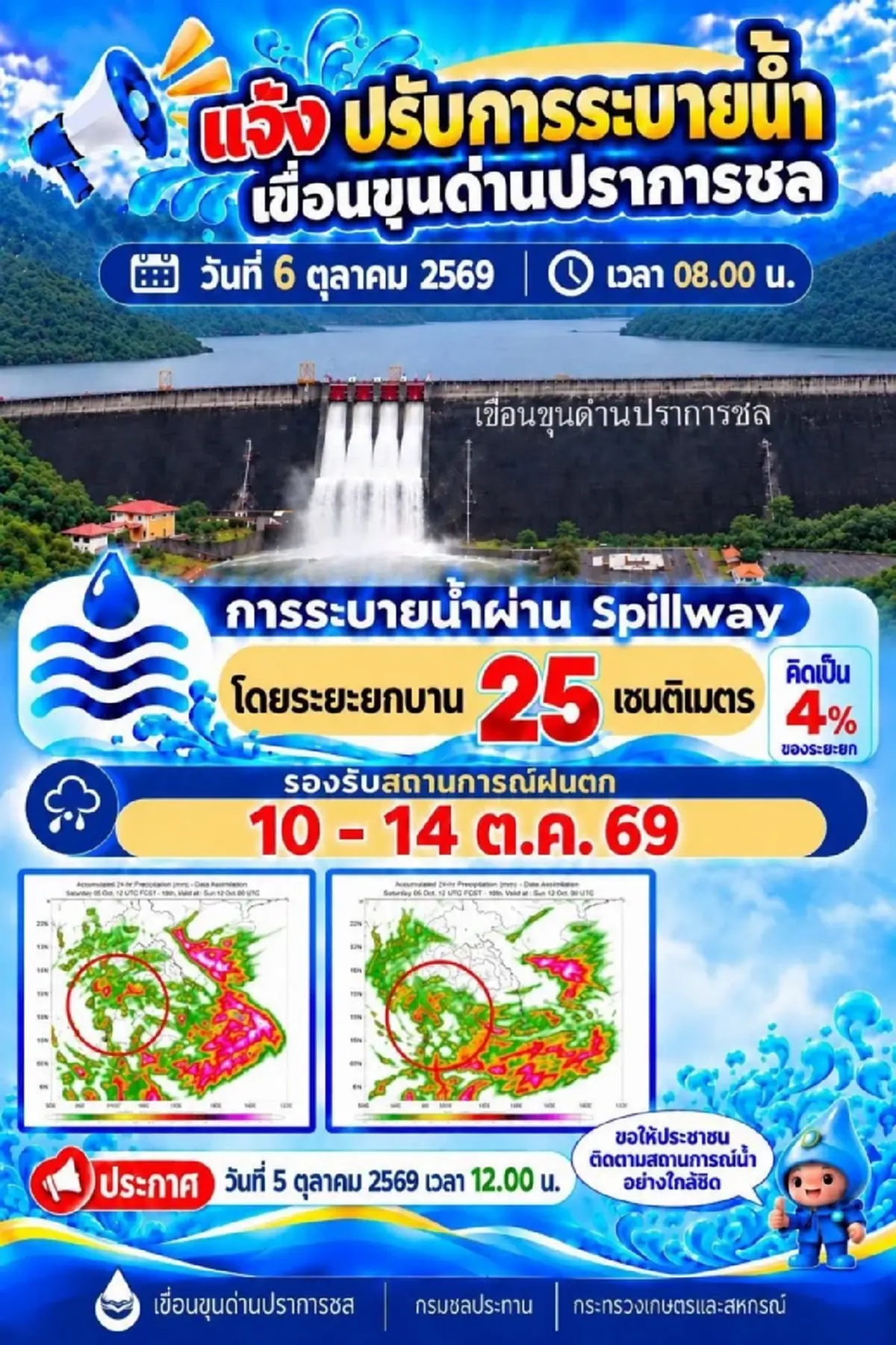 เขื่อนขุนด่านฯ เปิดระบายน้ำรับมือฝนตกหนัก หลังน้ำสูง 96%