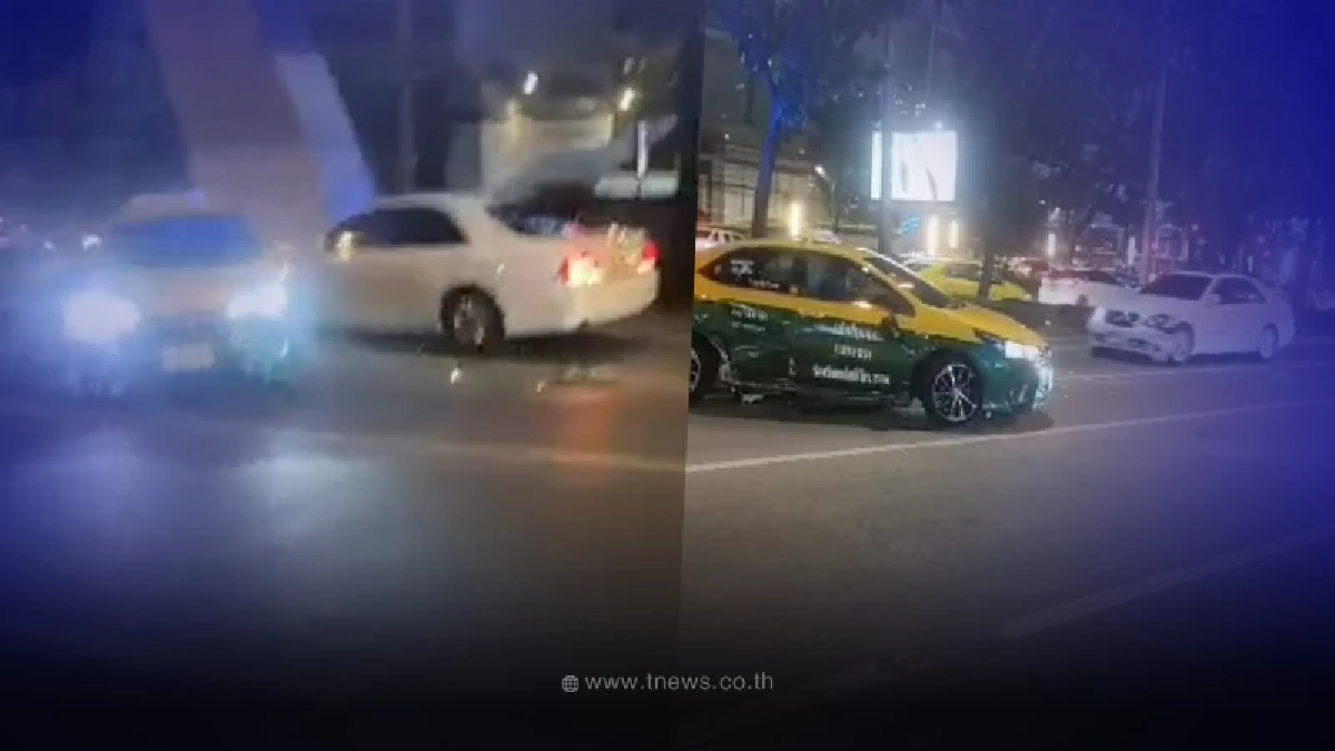เก๋งขาวตีนผี  ชนดะแท็กซี่พังยับ ไม่หนำใจพุ่งชนซ้ำอีก ก่อนซิ่งหนี