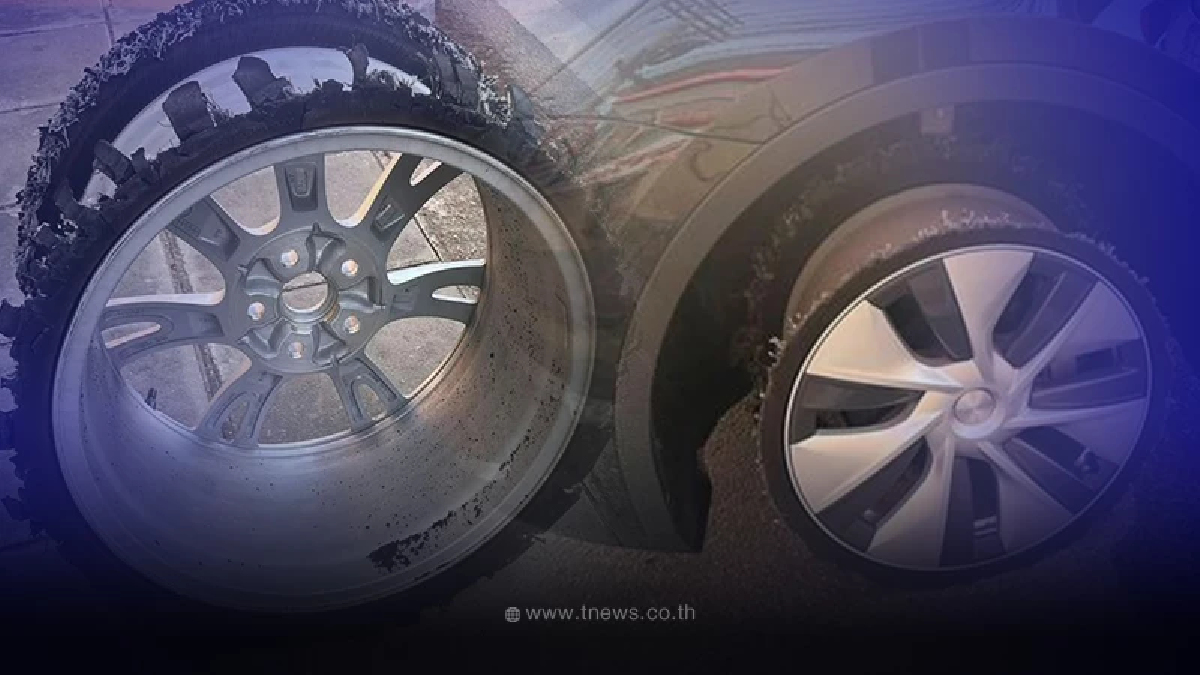 สาวขับรถไฟฟ้ายี่ห้อดัง รถเตือนยางแบน จอดดูตกใจหน้ายางหายทั้งเส้น