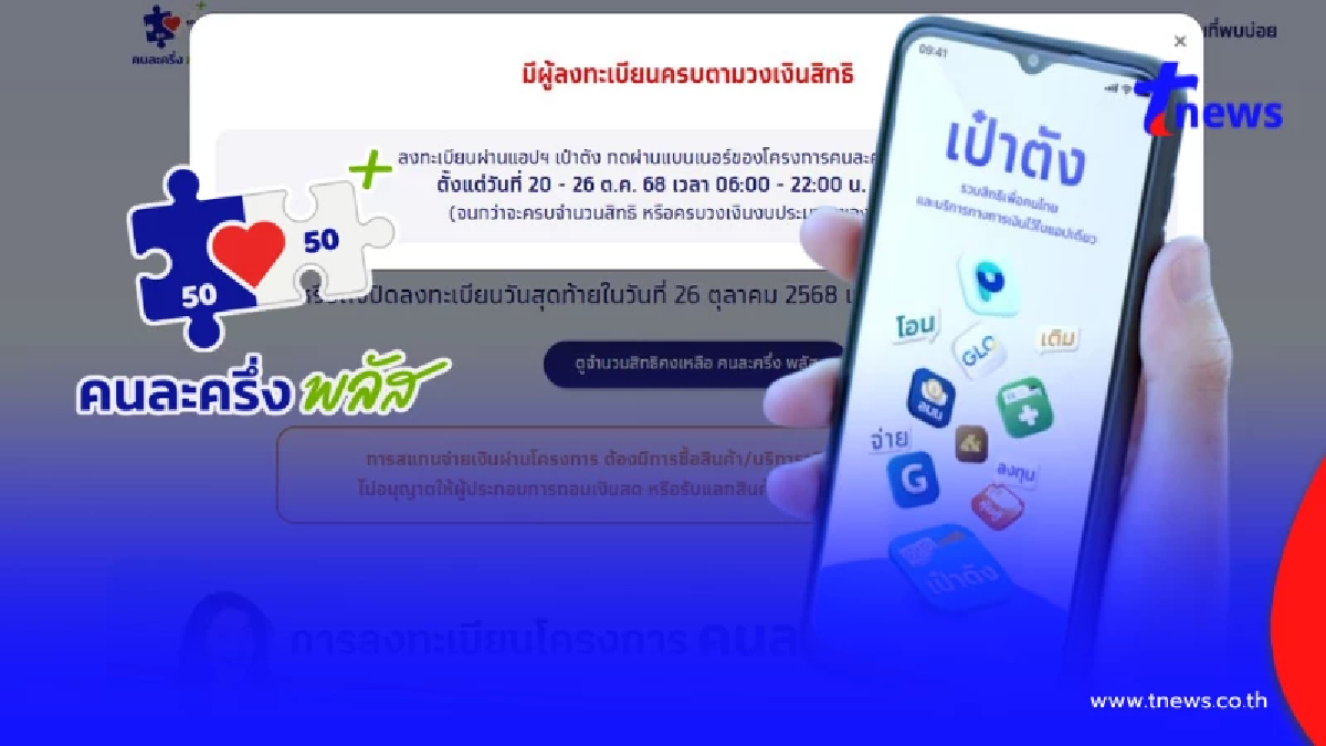 "คนละครึ่งพลัส"เต็มแล้ว 20 ล้านสิทธิ ลุ้นเพิ่ม"เฟส2"เดือนม.ค.69
