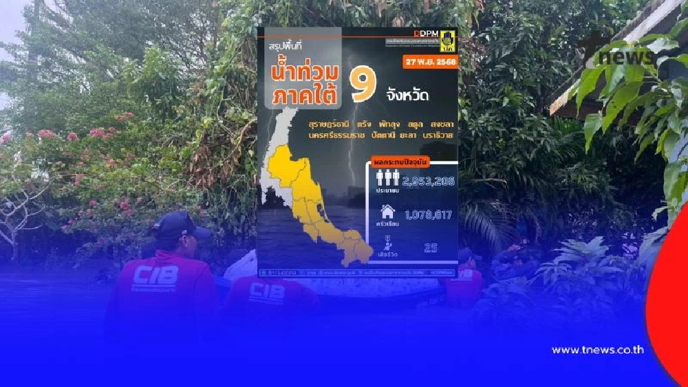 อัปเดต น้ำท่วม 9 จังหวัดภาคใต้ 'สงขลา-พัทลุง-สุราษฎร์ธานี' ระดับน้ำเริ่มลดลง