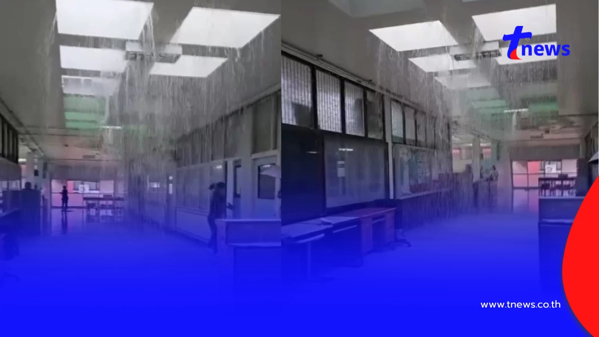 รพ.สุราษฎร์ฯ น้ำรั่วทะลุเพดาน คนไข้หนีวุ่นหลังฝนถล่ม