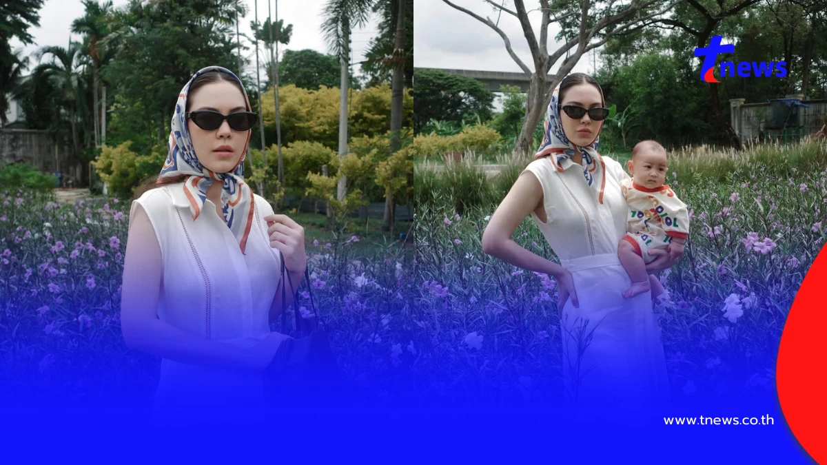 แม่สวยสะกดตา "แมท ภีรนีย์" อุ้มลูกชาย ถ่ายรูปกลางสวนดอกไม้