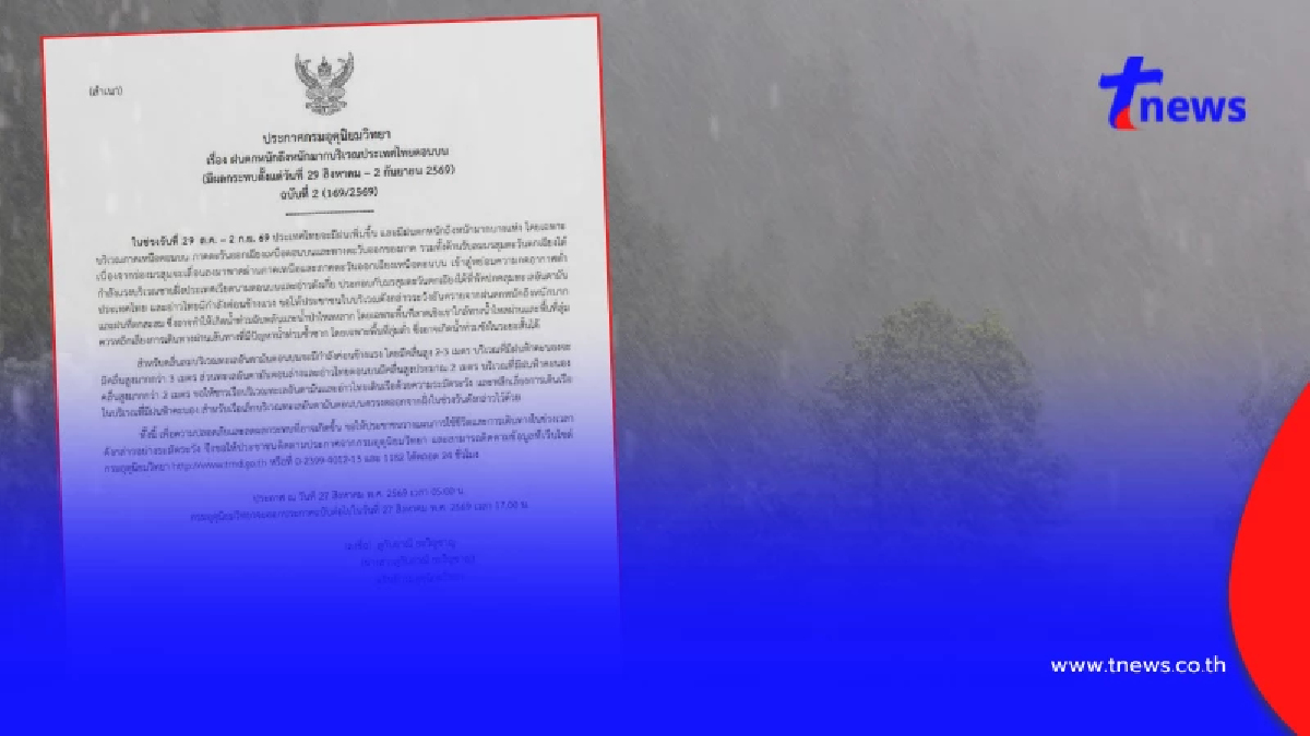 เตือนภัย ฉ.2 กรมอุตุฯ เตือนฝนถล่ม 29 ส.ค.-2 ก.ย. เปิดพิกัดอ่วม