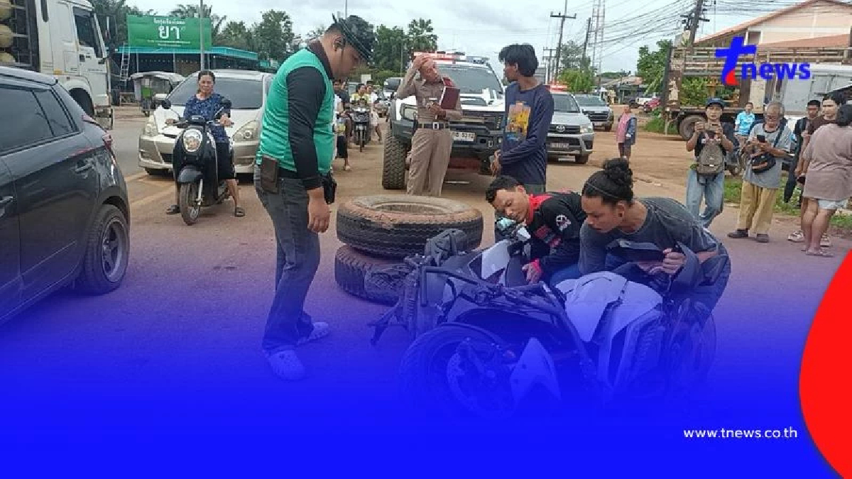 หวิดดับคู่! ล้อพ่วง 22 ล้อหลุดกระเด็นชนครูหนุ่ม-แฟนสาวกลางไฟแดง