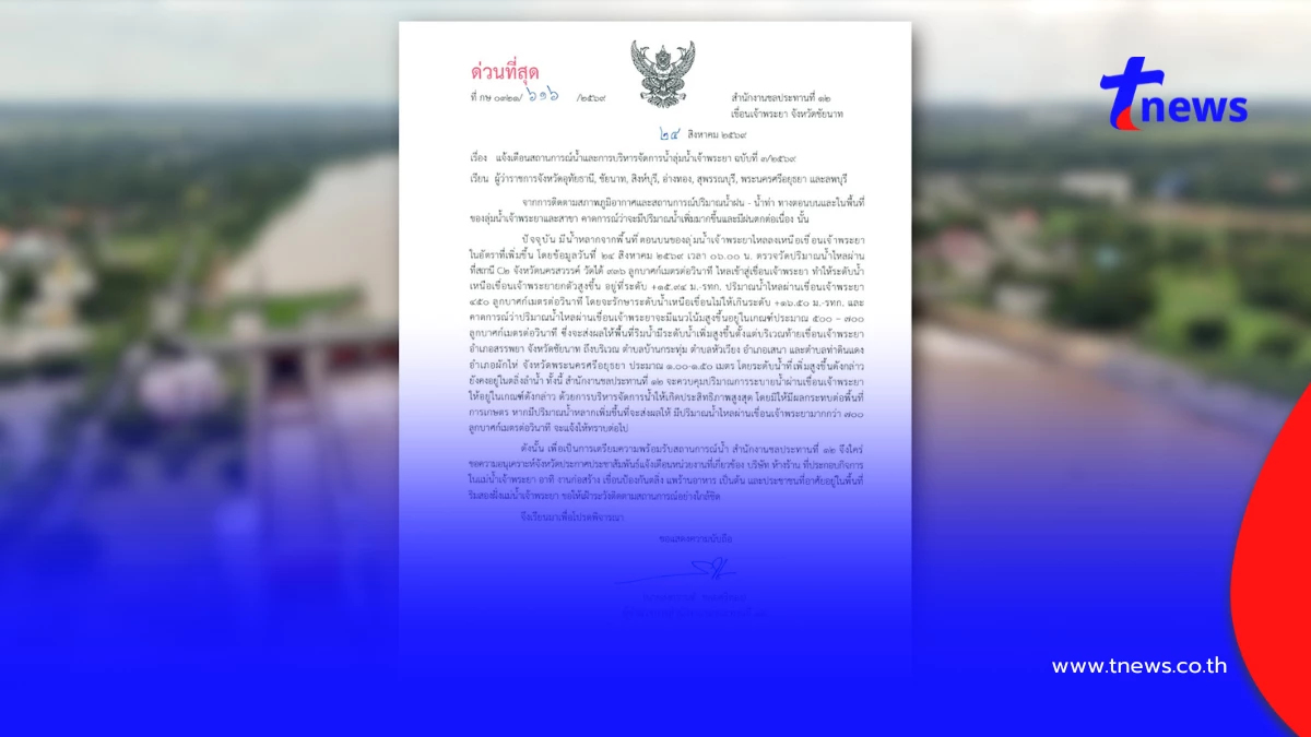 เตือน 7 จังหวัดลุ่มเจ้าพระยา! เขื่อนปรับระบายน้ำสูงขึ้น